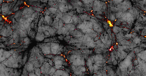 Vue d'artiste des filaments et halos (en jaune) de matière noire qui autour desquels se sont formées les grandes structures de l'Univers (galaxie, amas, etc.)